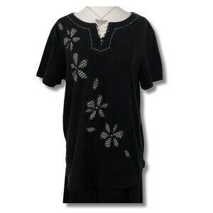 CARROLL REED Black white gingham floral short-sleeve shirt LARGE XL vintage top